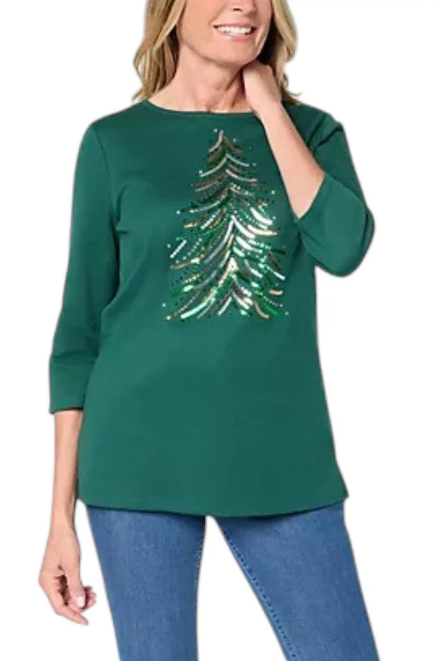 Quacker Factory Women's Tinsel Tree Scoop Neck Top Evergreen - Regular